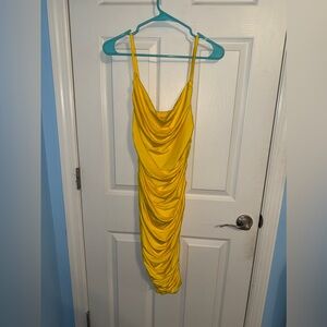Amazon Vibrant Yellow Ruched Midi Dress